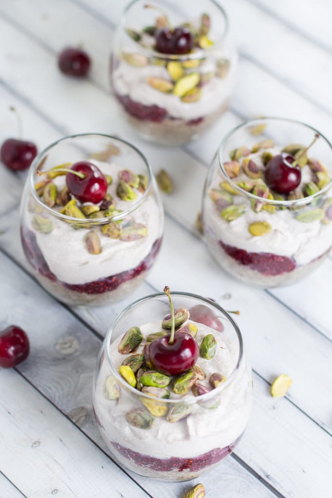 Cherry Chamomile Chia Pudding with Pistachios and Coconut Cream