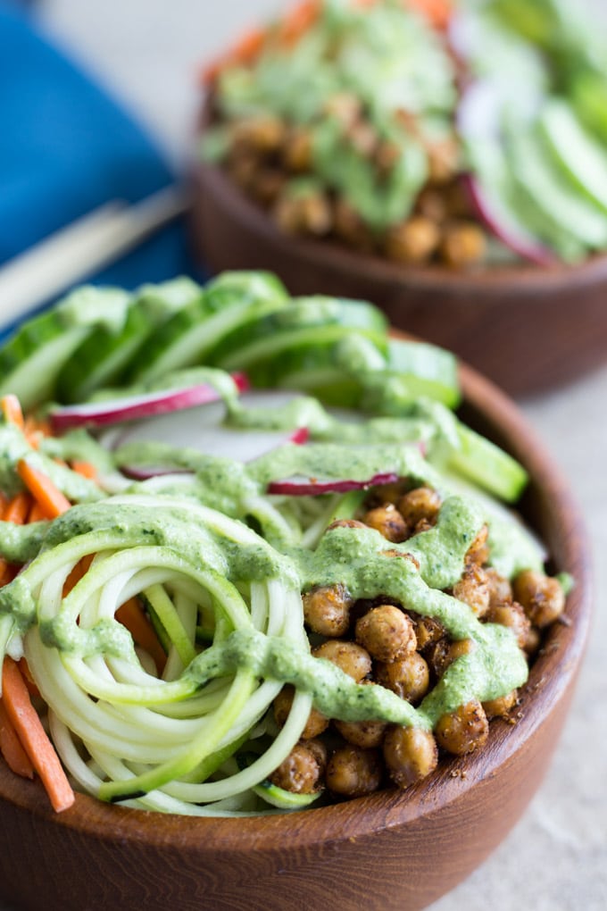Zucchini Noodle Bowls with Crispy Chick Peas and Jalapeño Dressing