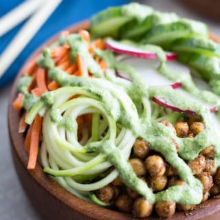 Zucchini Noodle Bowls with Crispy Chick Peas and Jalapeño Dressing