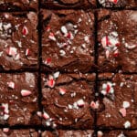 Overhead of peppermint mocha brownies sliced and close together.