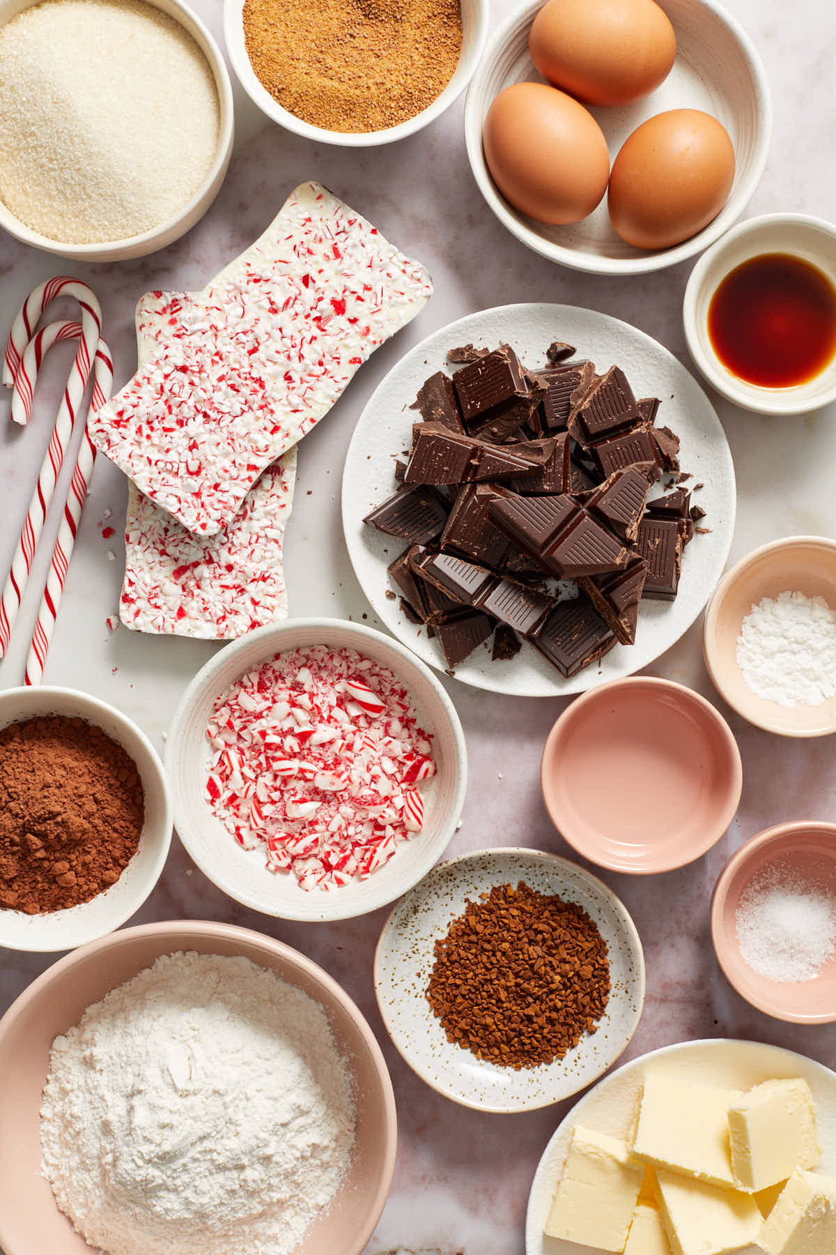 Ingredients to make peppermint mocha brownies arranged in individual dishes.