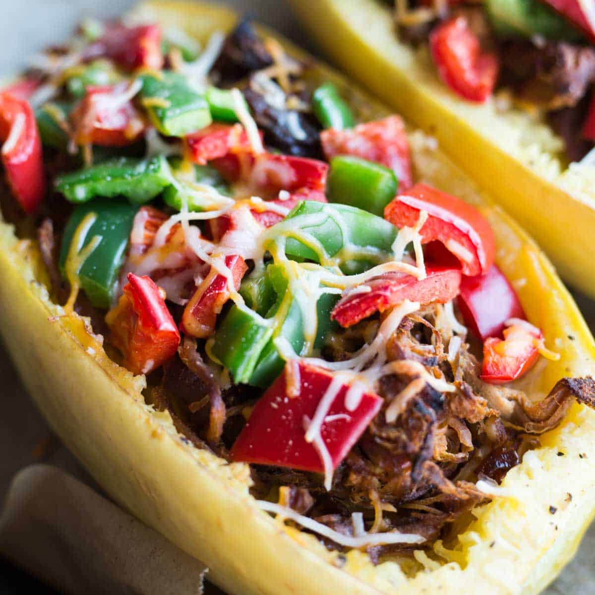 Close up of stuffed spaghetti squash.