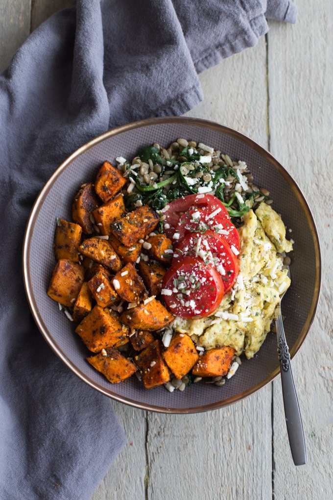 Overhead view of a Spicy Sweet Potato Breakfast Bowl.