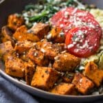 Close up of a spicy sweet potato bowl.