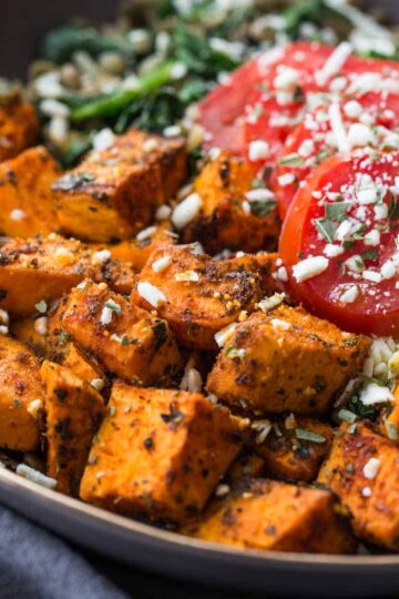 Close up of a spicy sweet potato bowl.