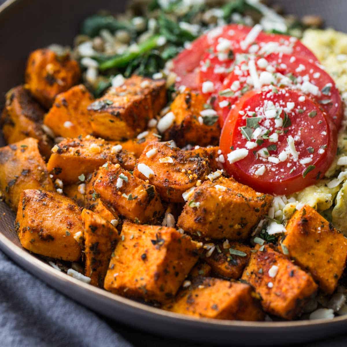Close up of a spicy sweet potato bowl.