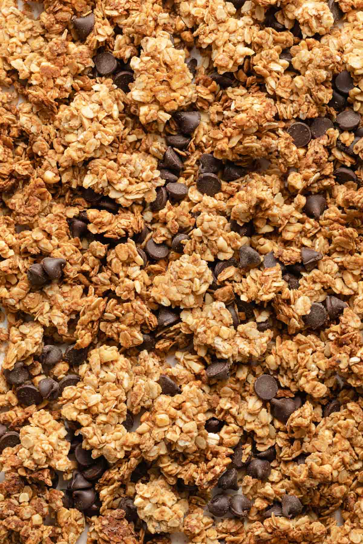 Close up view of granola clusters with chocolate chips mixed in.