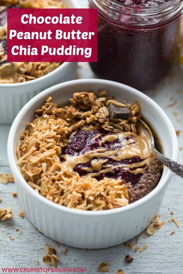Pinterest image of Chocolate Peanut Butter Chia Pudding in a white dish on a wooden surface next to a jar of chia jam.