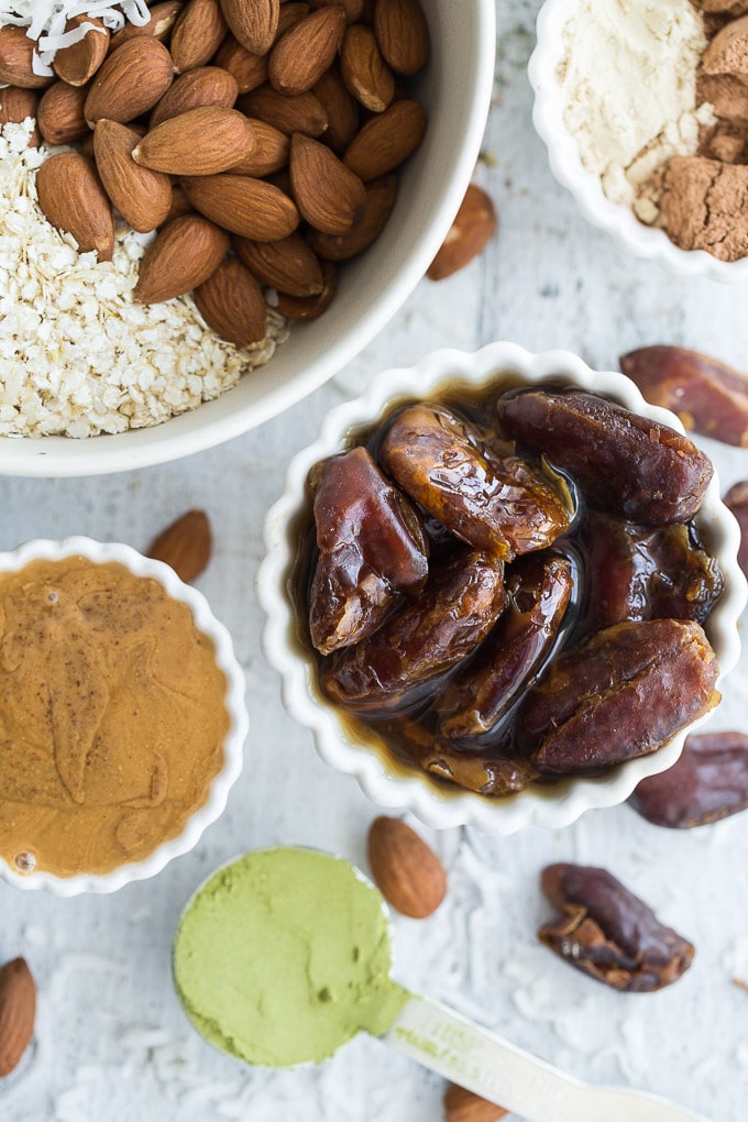 Overhead view of ingredients to make Cacao Almond Protein Bites.