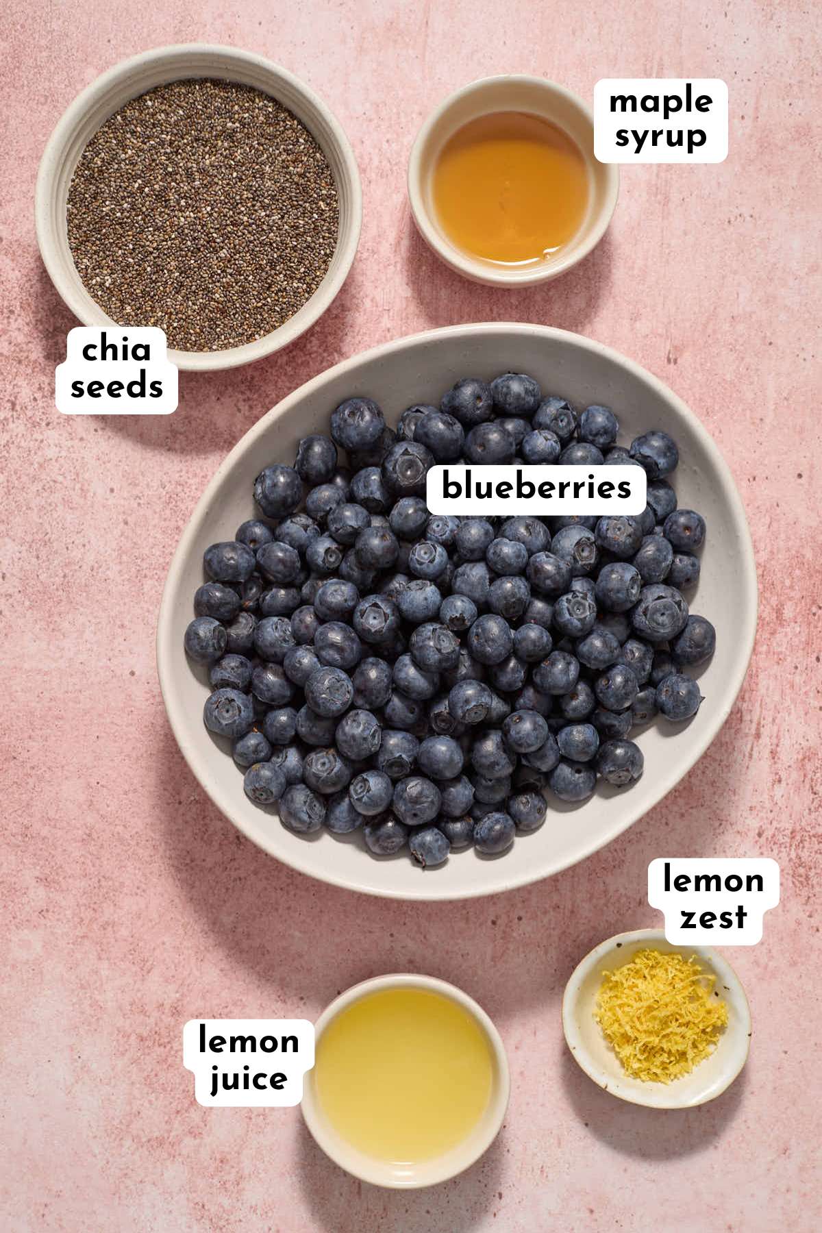 Ingredients to make blueberry lemon chia jam arranged individually and labeled.
