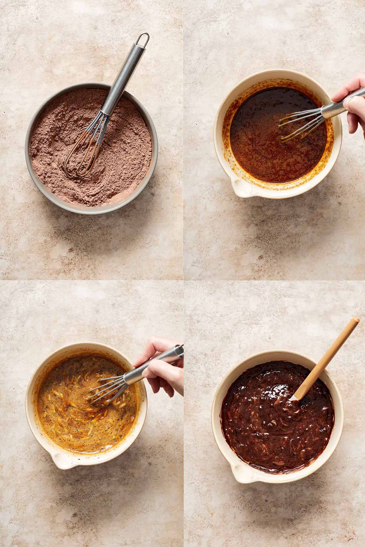Collage of 4 images demonstrating how the dry ingredients and wet mixture come together to make the cupcake batter.