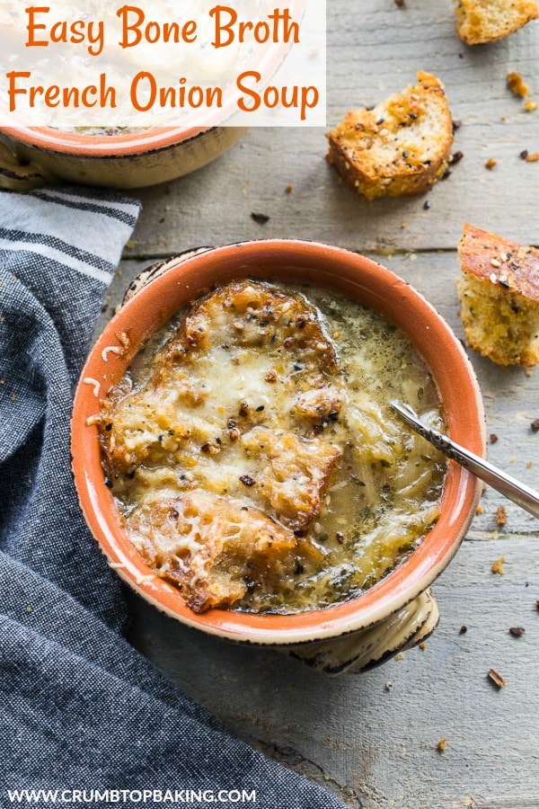 Pinterest image for Easy Bone Broth French Onion Soup.