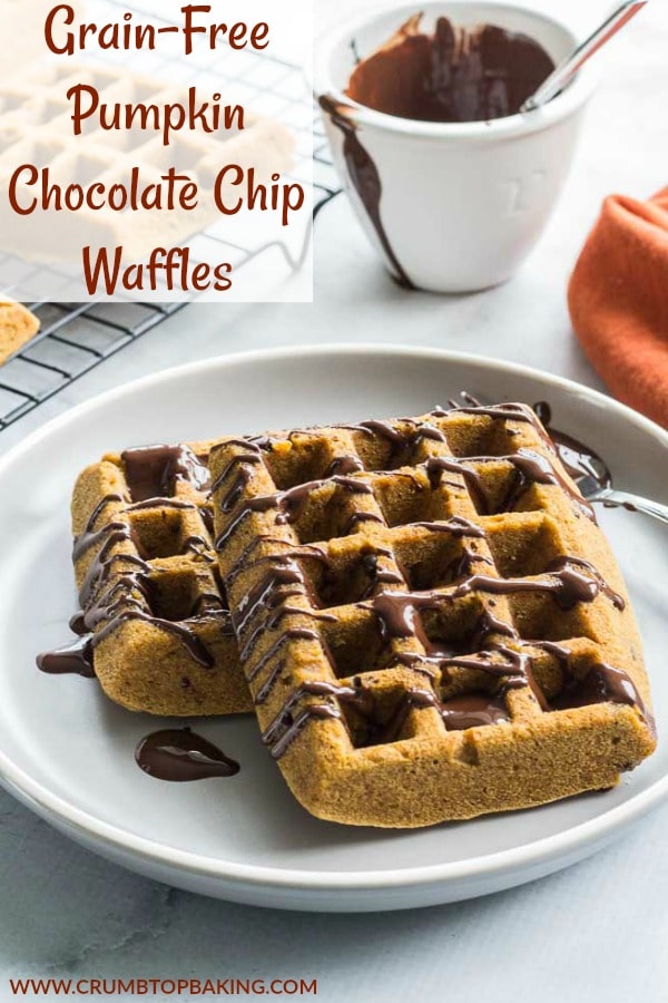Pinterest image for Grain-Free Pumpkin Chocolate Chip Waffles.