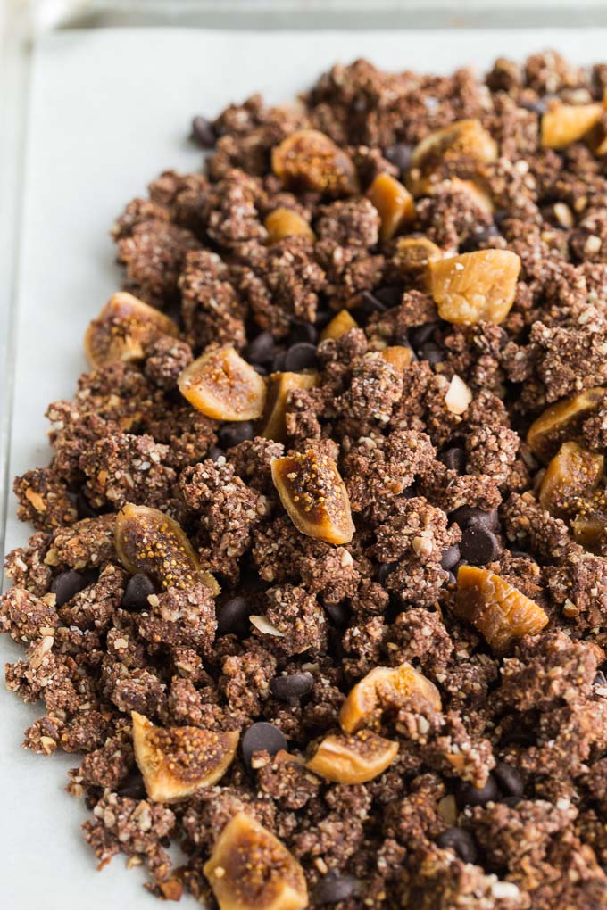 Up-close view of Chocolate Fig Grain-Free Granola on a baking sheet.