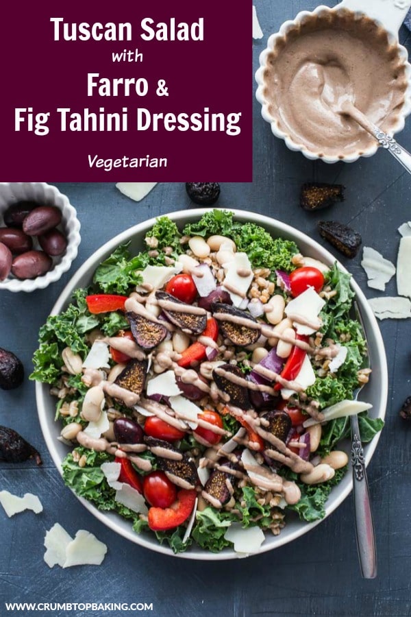 Pinterest image for Tuscan Salad with Farro and Fig Tahini Dressing.