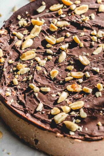 Angled view of a chocolate peanut butter nice cream cake with chocolate and crushed peanuts on top.