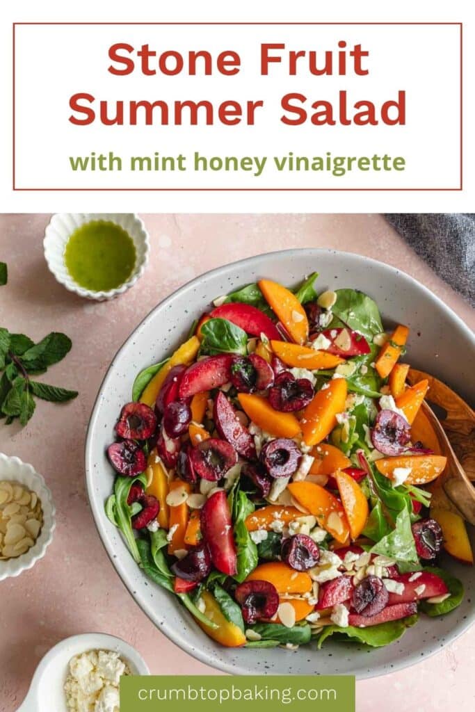 Pinterest image with a stone fruit summer salad in a bowl with dressing on the side.