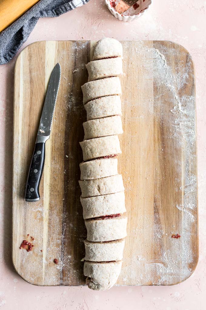 Biscuits rolled into a log and cut into 12 pieces.