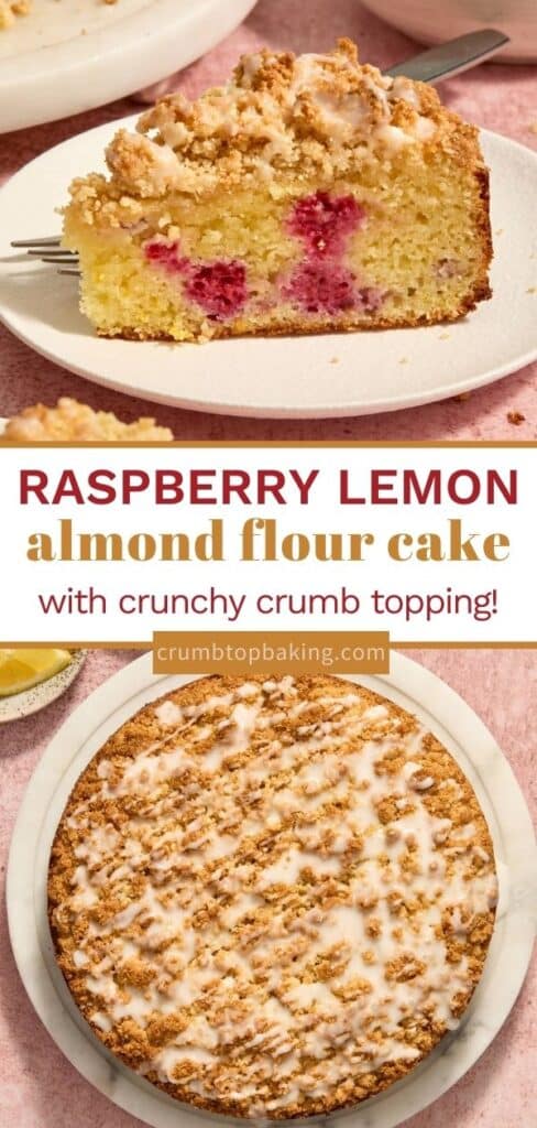 Long pin image with two images showing a raspberry lemon almond flour cake.
