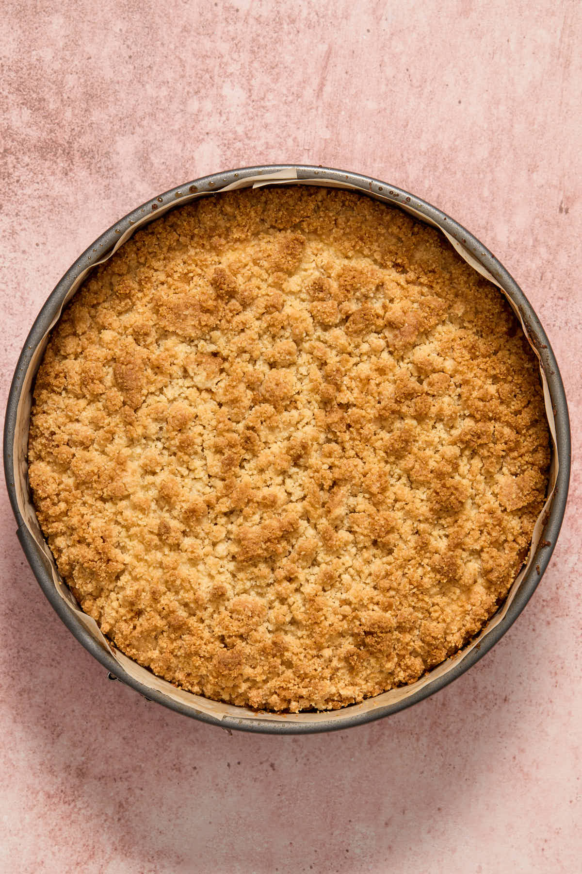 Baked cake in pan with a crunchy, golden brown crumb topping.
