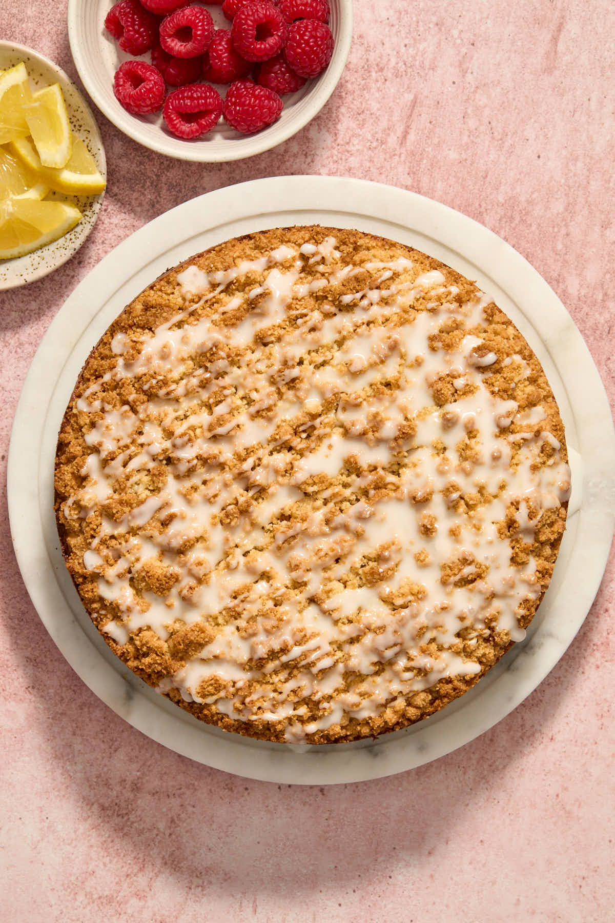 Glaze drizzled over the top of the cake.