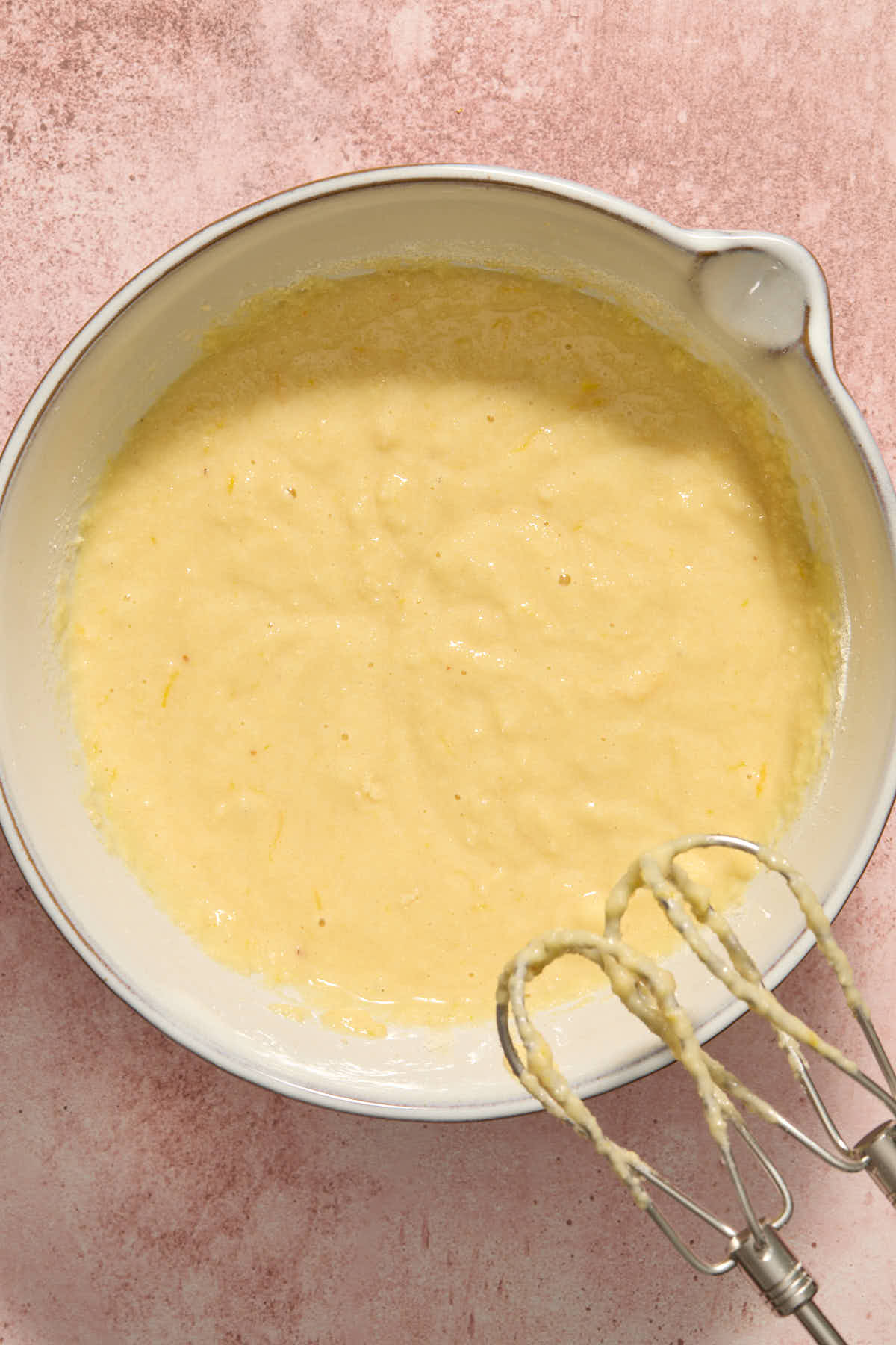 Dry cake ingredients combined with the wet mixture.