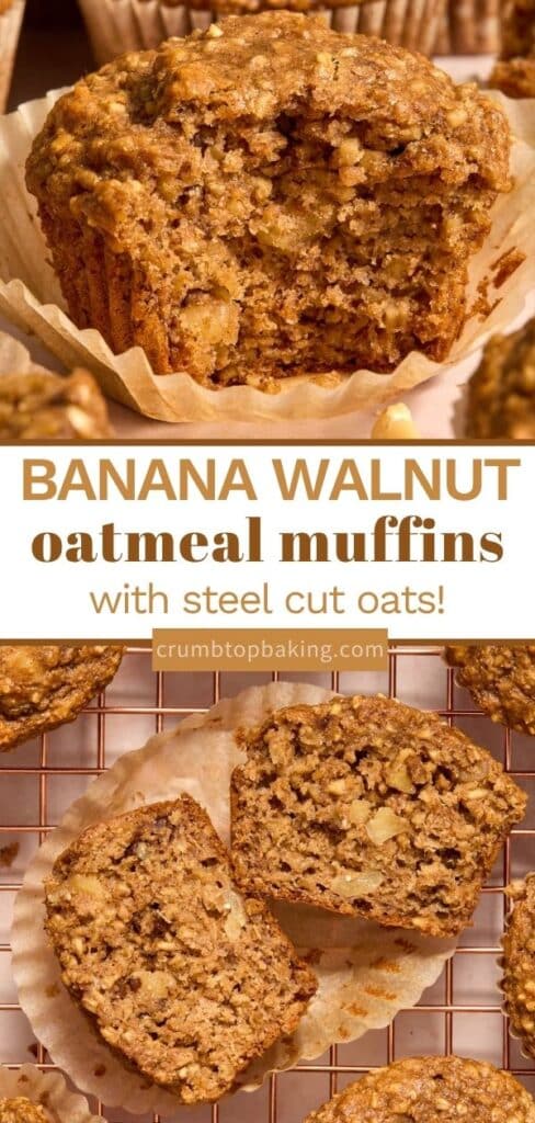 Long pin for healthy banana nut muffins with two images.
