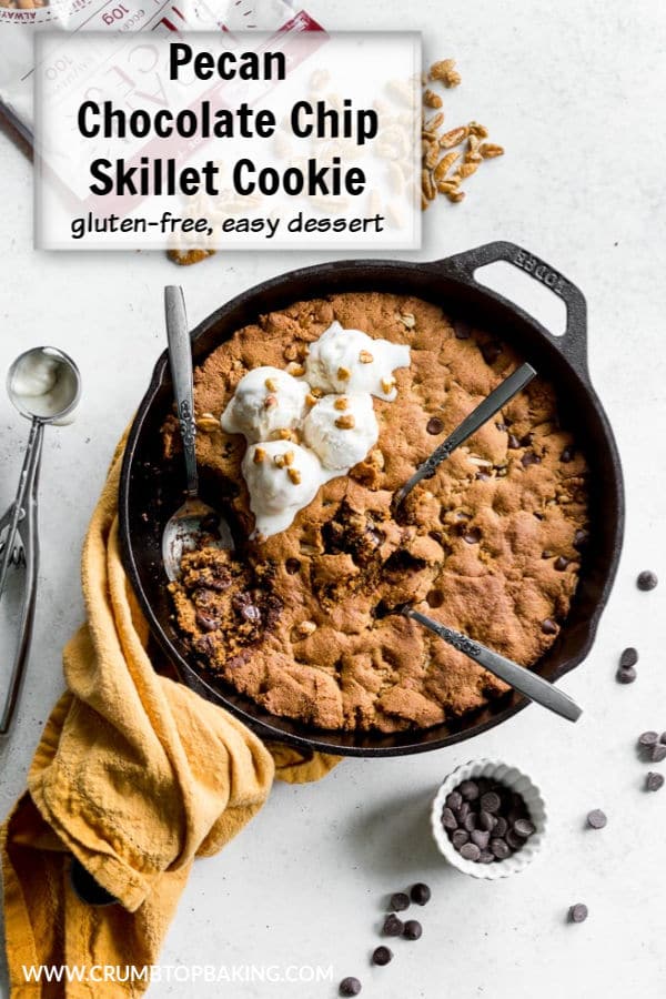 Pinterest image for Pecan Chocolate Chip Skillet Cookie.