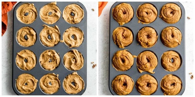 Two images - one of the batter in the donut pan and the other of the baked donuts in the pan.