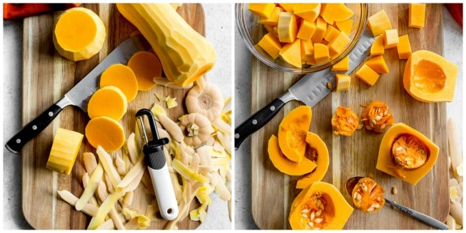 Two images of butternut squash being cut into cubes.