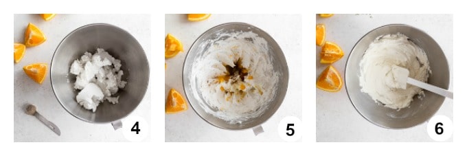 Collage of three photos demonstrating how the orange cardamom frosting is made.
