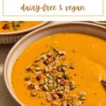 Pinterest image for roasted red pepper and butternut squash soup.