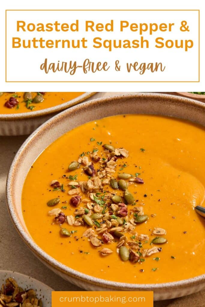Pinterest image for roasted red pepper and butternut squash soup.