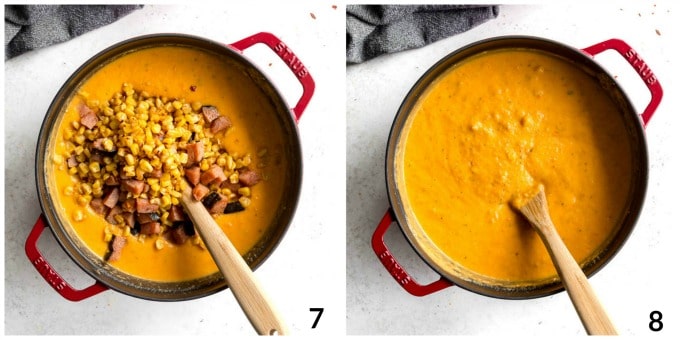 Two photos of corn and ham being stirred into the butternut squash soup.