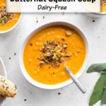 Pinterest image for Roasted Red Pepper and Butternut Squash Soup.