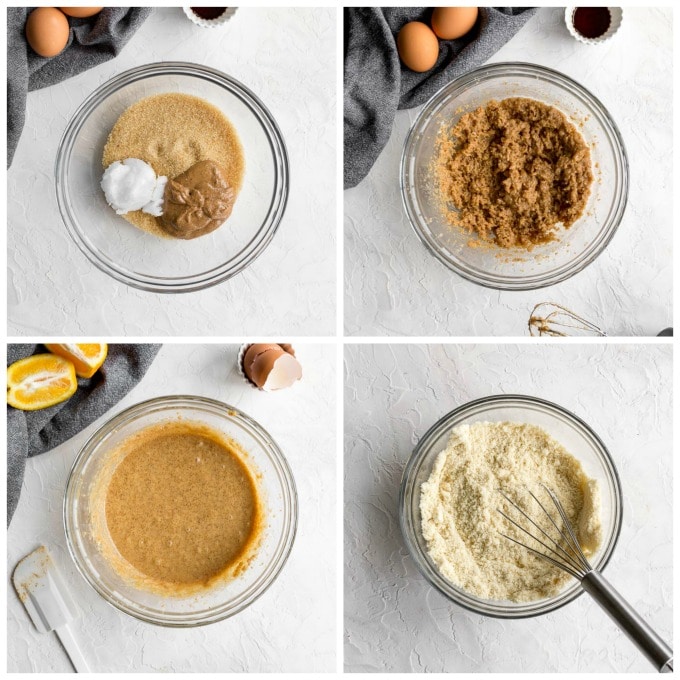 Collage of four images showing how the cookie dough comes together in a bowl.