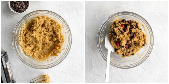 Collage of two images of the cookie dough in a bowl, one showing the cranberries and chocolate chips being folded in.