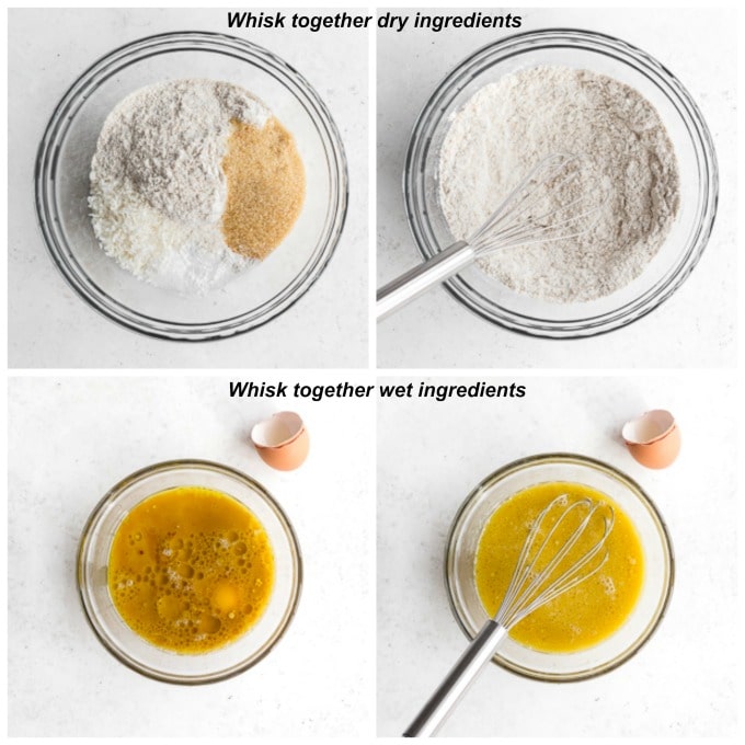 Collage of 4 photos demonstrating how the wet and dry ingredients come together for partridgeberry muffins.
