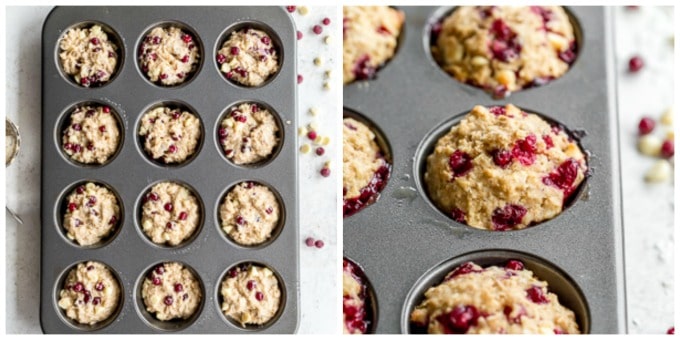 Collage of 2 photos of partridgeberry muffins in a muffin pan, before and after baking.