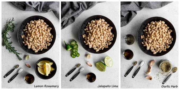 Collage of 3 photos showing ingredients to make each white bean dip.