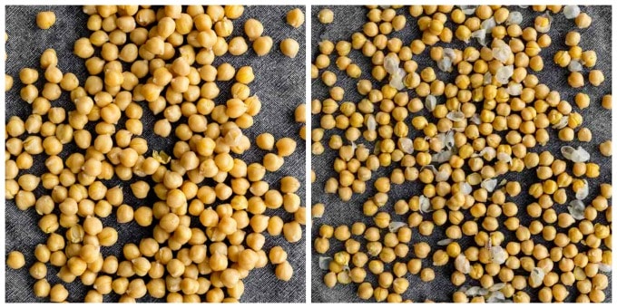 Collage of two photos showing chickpeas being dried and skins being peeled.