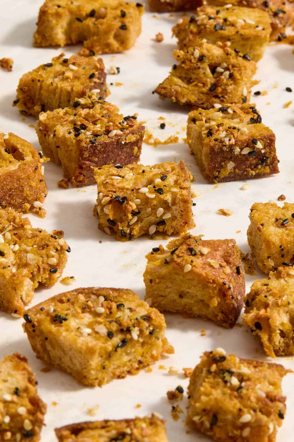 Sourdough croutons on a sheet pan.