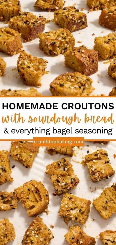 Pinterest image for homemade croutons made with sourdough bread.