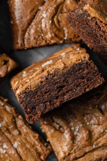 Close up view of almond butter brownies.