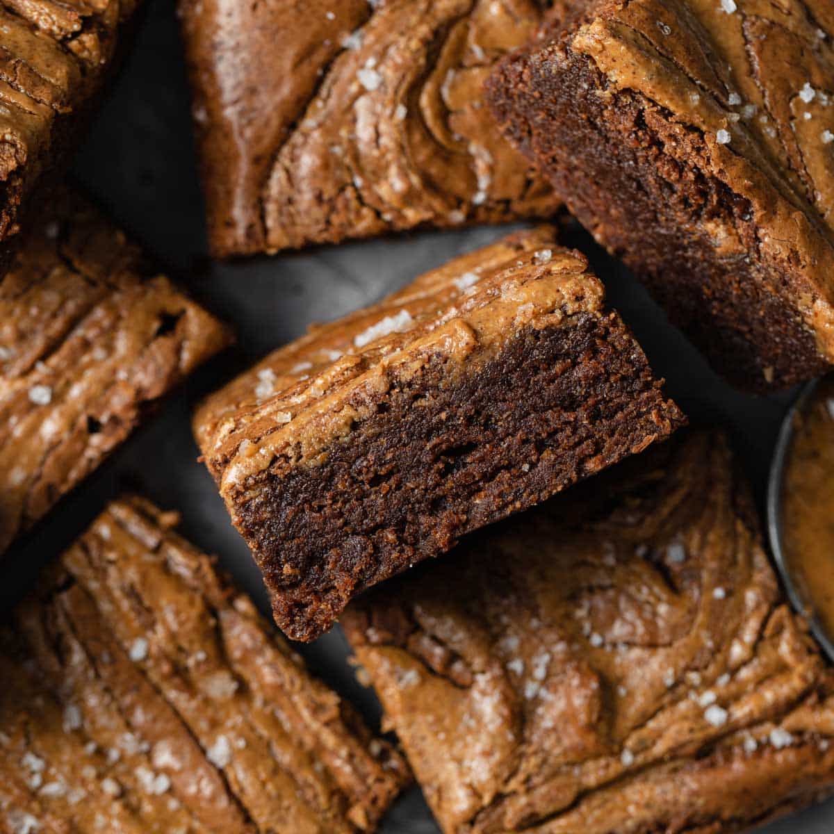 Close up view of almond butter brownies.