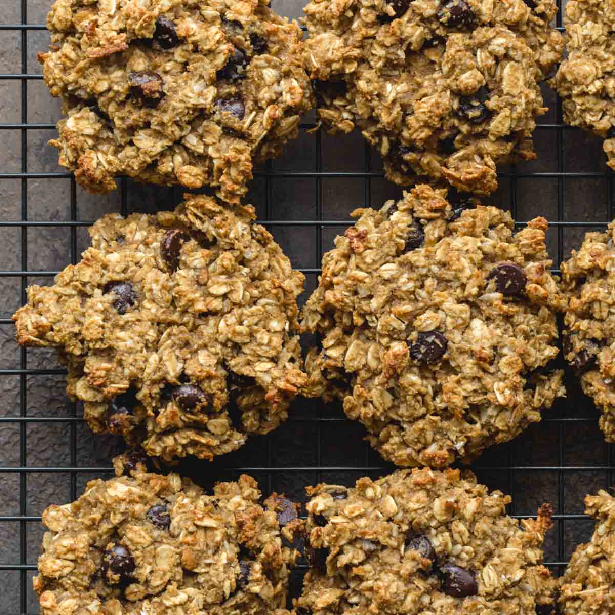 Overhead close up of avocado banana breakfast cookies on a black wire rack.