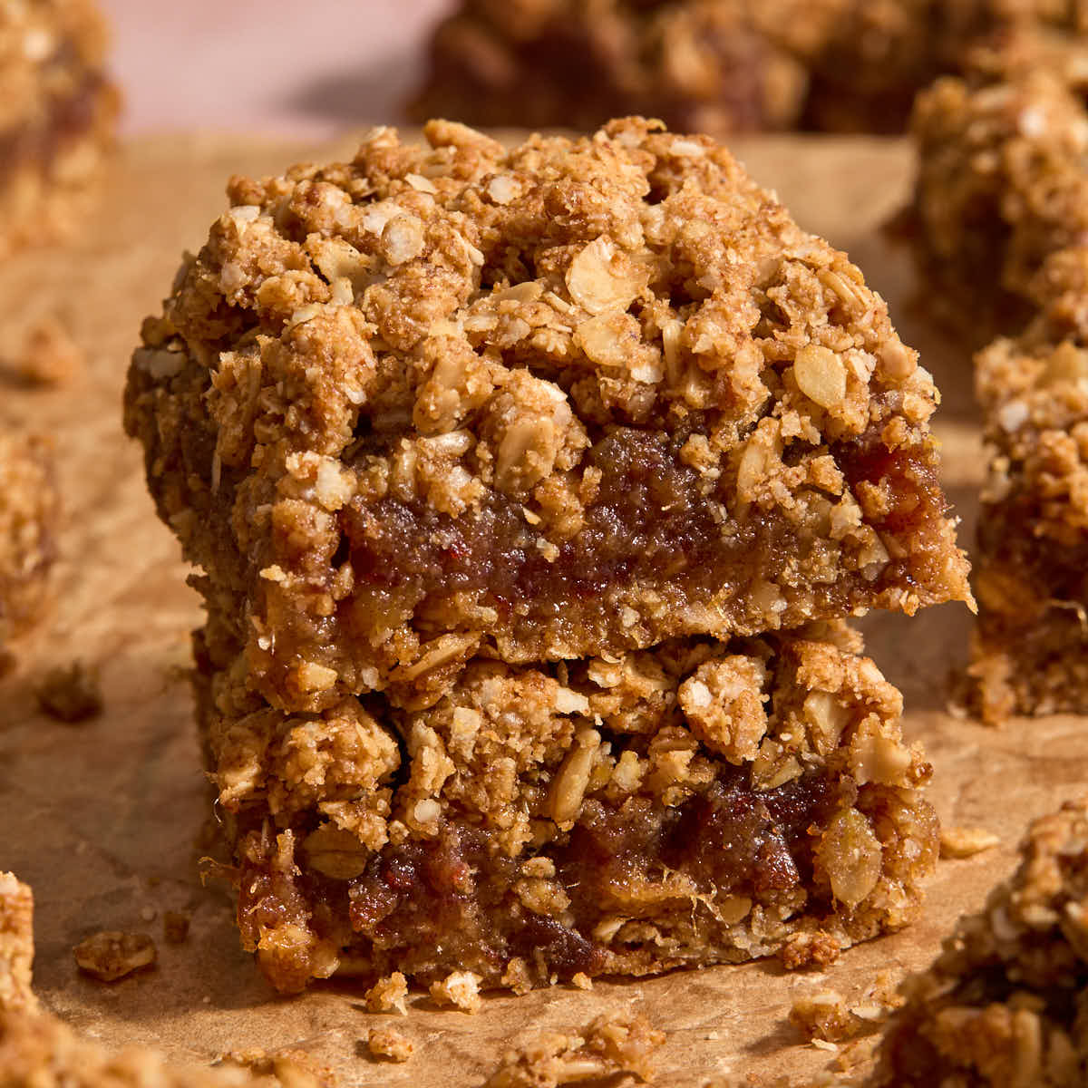 Two date squares stacked together on brown parchment paper.