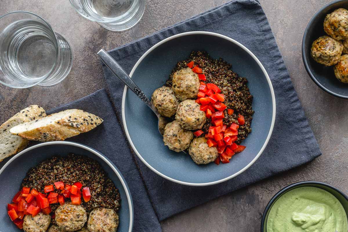 Honey Garlic Turkey Meatballs with Quinoa Crumb Top Baking