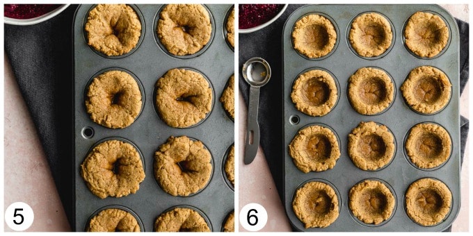 Collage of two photos showing the cookie cups puffed up in the pan and then pressed down in the middles to create wells for the jam.