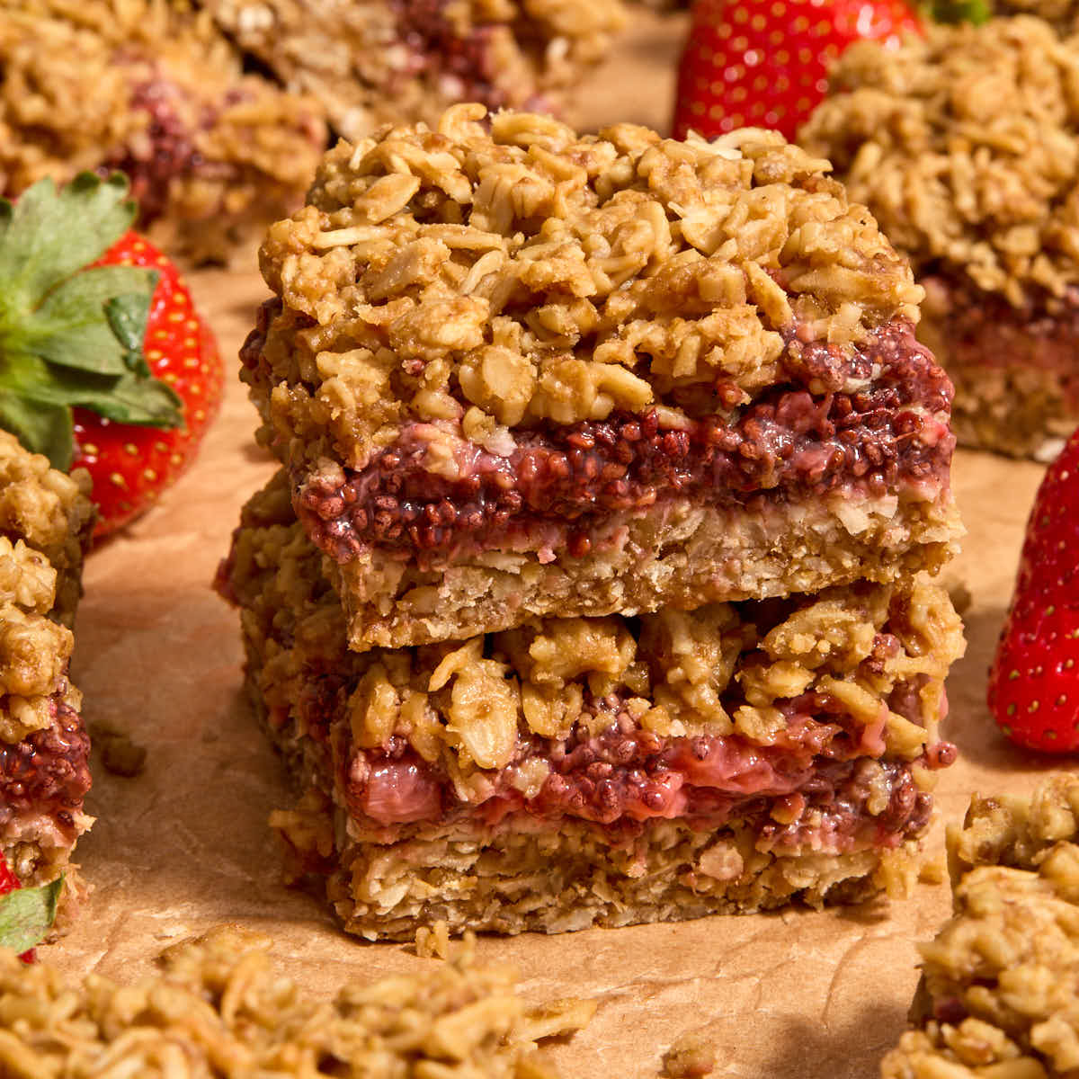 Two strawberry steel cut oat bars stacked on top of each other.